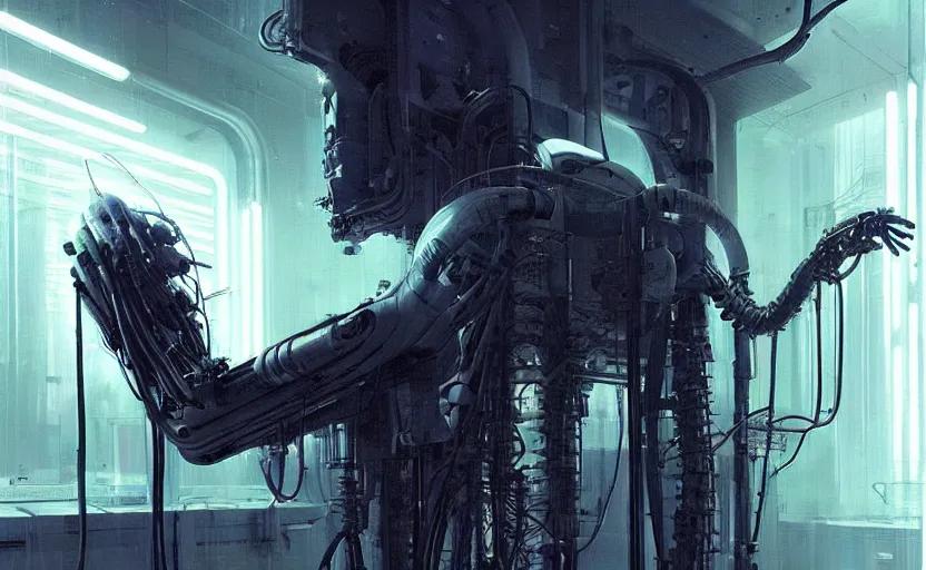 Prompt: neon surgery machine nobody cyberpunk futuristic, in a white room, art by giger, greg rutkowski