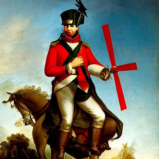 Image similar to napoleon bonaparte holding a windmill at the battle field, mysterious, realistic