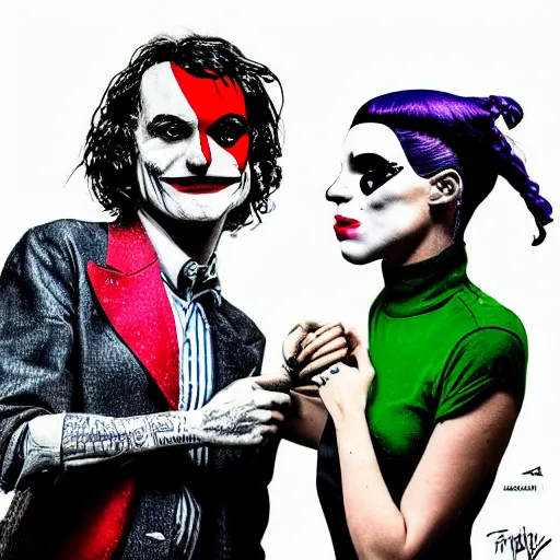 Image similar to mimmo rottela and banksy as joaquin phoenix skinny joker holding hand lady gaga harley queen, photorealistic, intricate details, pop art style, concept art, details proportional, random object movement, 3 colors, 4 k, 4 d, ultra smooth, sharp focus