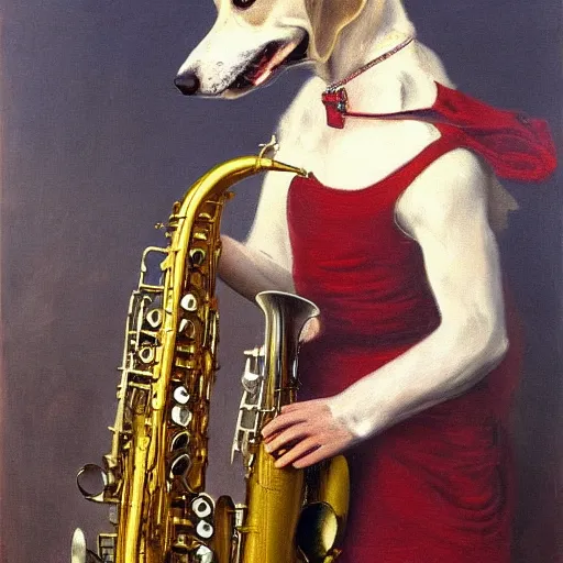 Prompt: a dog plays the saxophone, oil on canvas, 1 8 8 3, highly detailed