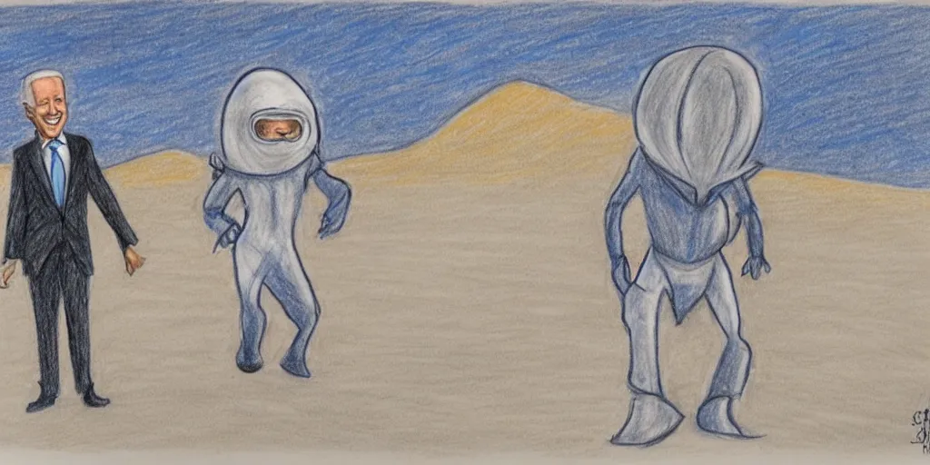 Image similar to drawing of Joe Biden , dressed in an alien costume , walking in the desert