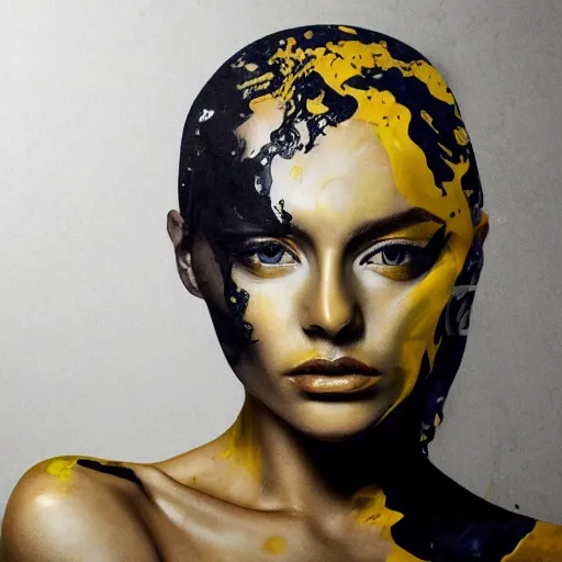 Prompt: liquid marble acrylic fluid paint, portrait, golden and black liquid materials, abstract art, beautiful female model standing, semi realism, surreal