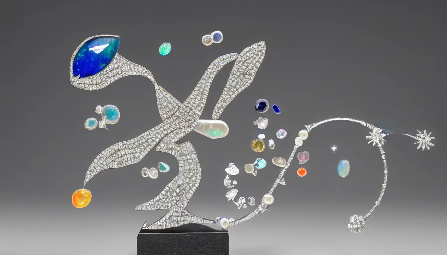 Prompt: diamonds, pearls, ice crystals, opals and other various gemstones being thrown around in the shape of a hawk by hydraulic pressure, museum sculpture, 4k, high quality photograph, award-winning