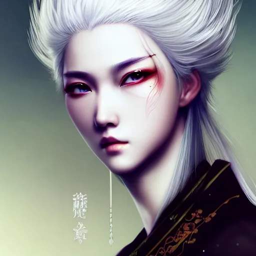 Prompt: Wuxia Fire Cultivator, white hair, gorgeous, amazing, elegant, intricate, highly detailed, digital painting, artstation, concept art, sharp focus, illustration, art by Ross tran and kuvshinov, photography portrait by Paolo Roversi