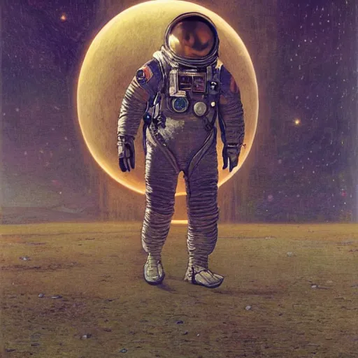 Prompt: William S. Burroughs in spacesuit, lost in the Martian forest at dusk, by Edgar Maxence and Ross Tran and Michael Whelan and Gustav Klimpt