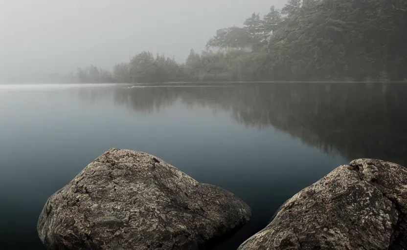 Image similar to extreme low angle camera lens partially submerged in water showing the surface of a lake with a rocky lake shore in the foreground, scene from a film directed by charlie kaufman ( 2 0 0 1 ), foggy volumetric light morning, extremely moody, cinematic trending on artstation in the style of greg rutkowski, shot on anamorphic lenses