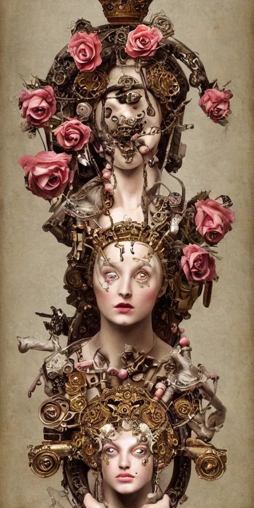 Image similar to a young beautiful Italian metal android with a large glowing pink crystal in the center of her chest, full-body bronze cyberpunk style statue of Andromeda with glowing red eyes, crown of mechanical peach roses, flowing peach silk, fabric, steampunk flowers. baroque elements, human skull. full-length view. baroque element. intricate artwork by caravaggio. many flying horses on background. Trending on artstation, octane render, cinematic lighting from the right, hyper realism, octane render, 8k, depth of field, 3D