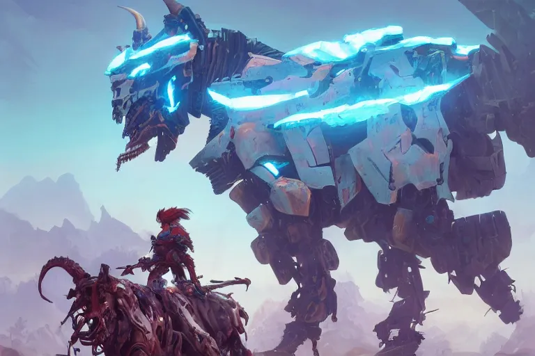 Image similar to grimhorn fanghorn machine mecha animal beast robot of horizon forbidden west horizon zero dawn bioluminiscence, behance hd by jesper ejsing, by rhads, makoto shinkai and lois van baarle, ilya kuvshinov, rossdraws global illumination