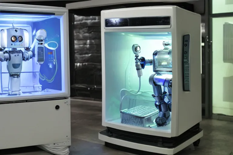 Image similar to a robot opening a fridge filled with water, from 1 9 8 5, bathed in the glow of a crt television, crt screens in background, low - light photograph, in style of chrome hearts