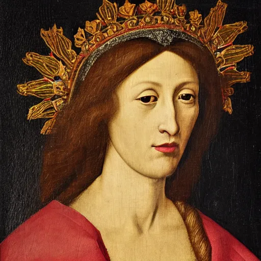 Prompt: a renaissance style portrait painting of a Lion, wearing a crown and cape, dark background
