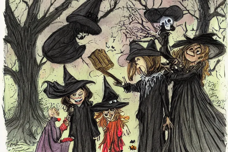 Image similar to a witch handing out candy, trick or treaters halloween night, colored pencil ink wash by scott wills and ashley wood