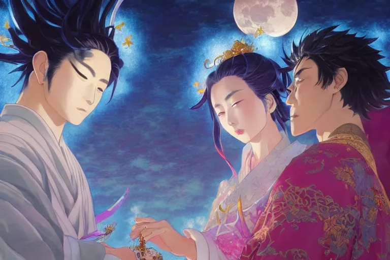 Image similar to close up moment of a divine a japan sun god and a moon goddess lovers magician at a wedding banquet, highly detailed, genshin, fantasy, 4 k realistic, digital painting, trending on artstation, concept art, sharp focus, illustration, art by makoto shinkai and akihiko yoshida and daniel gerhartz