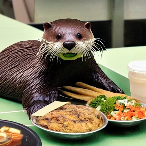 Prompt: an otter eating at a mall food court in the style of Studio Ghibli