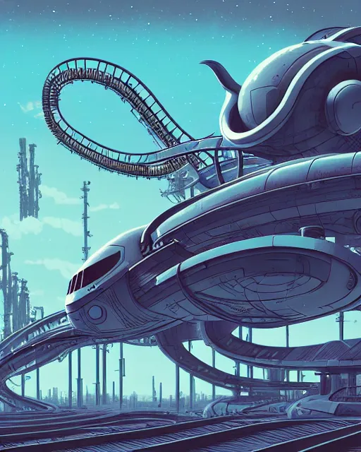 Image similar to simplicity, a roller coaster made out of simple weird organic creatures, in the style of a streamlined asymmetrical spaceship, bleak apocalyptic environment, by dan mumford, yusuke murata, makoto shinkai, ross tran, cinematic, unreal engine, cel shaded, featured on artstation, pixiv