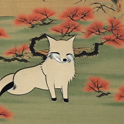 Image similar to samurai fox with a katana. sakura forest in the background. old japanese painting. fresco