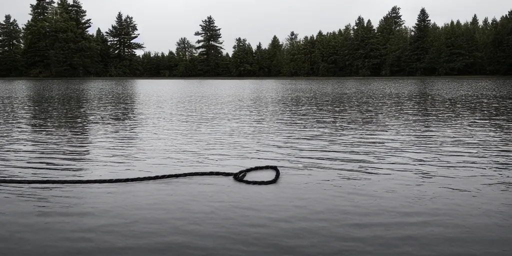 Image similar to symmetrical photograph of an infinitely long rope floating on the surface of the water, the rope is snaking from the foreground stretching out towards the center of the lake, a dark lake on a cloudy day, trees in the background, anamorphic lens directed by charlie kaufman