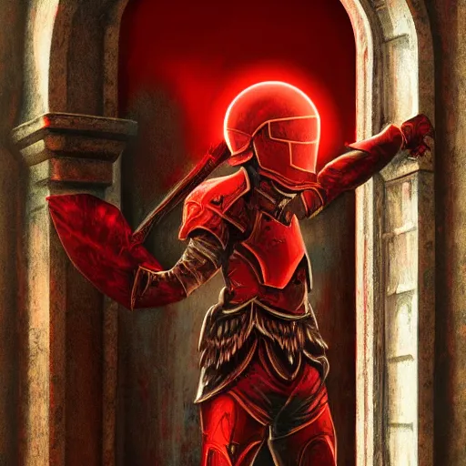 Image similar to blood knight, red, glowing halo, fantasy art, located in a castle, morning sunlight through the window, decorated, high quality, highly detailed, closeup