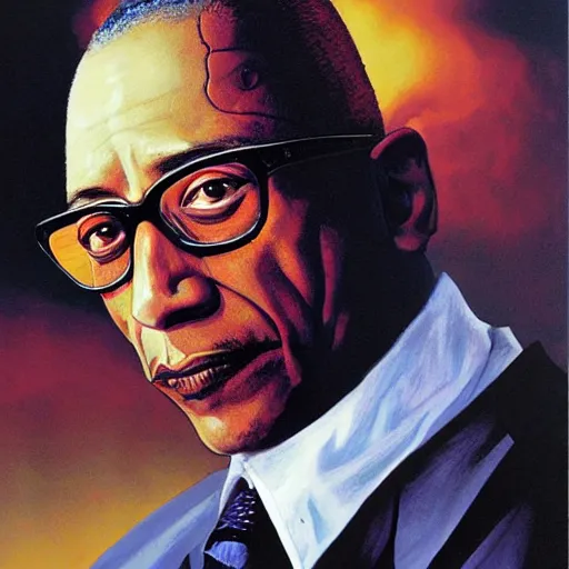 Image similar to Gus fring with half of his face blown up, gerald brom, photorealistic