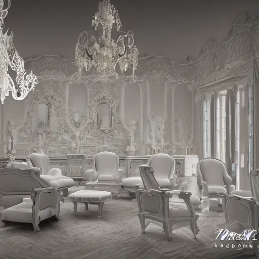 Image similar to explosion of a Gothic baroque white porcelain room furnished with baroque furniture made of white porcelain and white veils, everything is shattered. trending on artstation, sensual gloomy, volumetric clouds, unreal render, depth of field