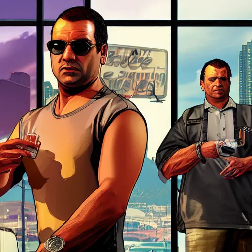 Image similar to reinaldo normand in gta v, cover art by stephen bliss, boxart, loadscreen