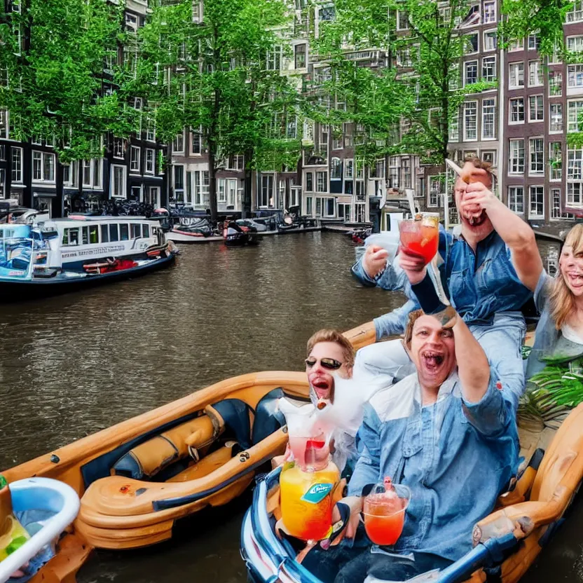 Image similar to hamsters riding boats in Amsterdam with tropical drink