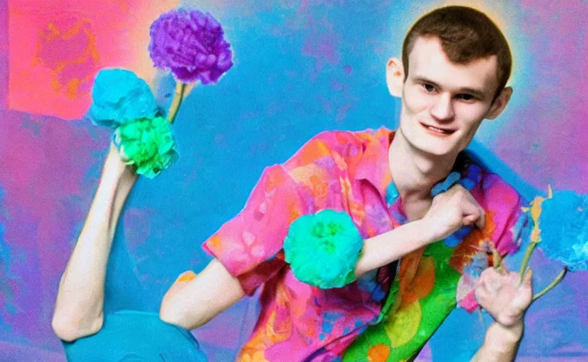 Prompt: a dreamy retro 8 0 s photo of vitalik buterin, bloomy, colorful, awesome, by dave mckean