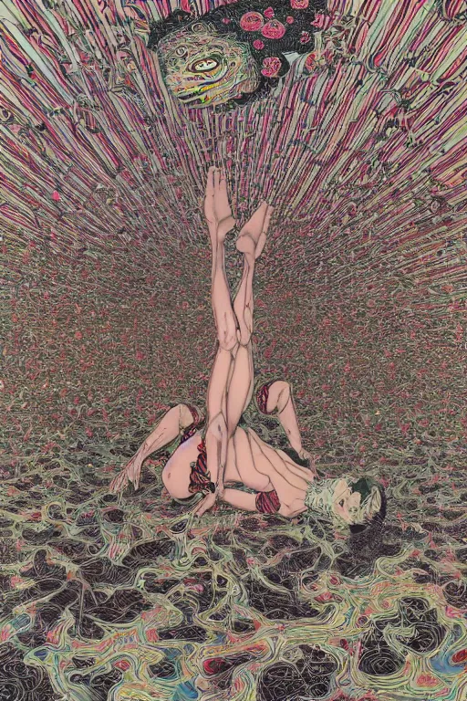 Image similar to body breaking apart, life like conjuring psychedelic illustration by shintaro kago, ultra realistic, highly detailed, hypermaximalist, symmetrical, rich deep colors. art by takato yamamoto. masterpiece