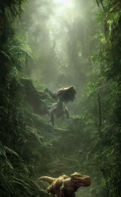 Image similar to final fantasy live action, realistic dinosaur walking through the jungle, evocative, mystical night, very very very very detailed, award winning, masterpiece digital painting by greg rutkowski, alex grey, artstation, 4 k wallpaper