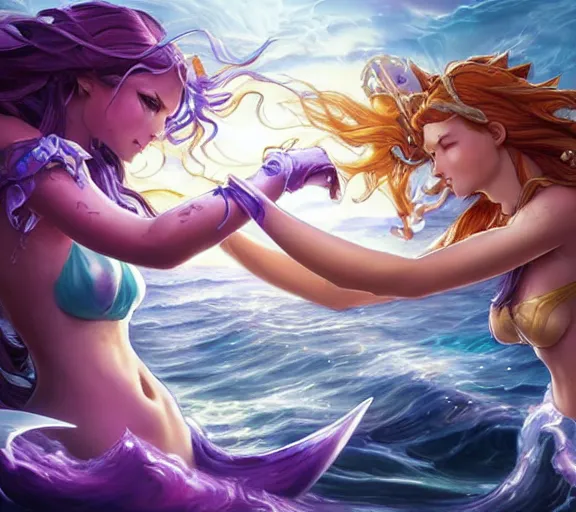 Image similar to two mermaids fistbumping in midair crepuscular rays behind fistbump, whimsical, dungeons and dragons, league of legends splash art, heroes of the storm splash art, hearthstone splash art, world of warcraft splash art, overwatch splash art, art by artgerm, art by alphonse mucha, intricately detailed, highly detailed, trending on artstation,