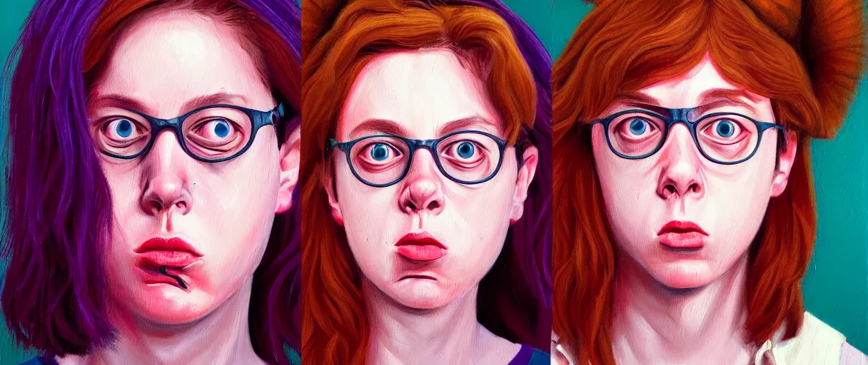 Prompt: colored oil painting character study of female todd solondz | vivid colors : storyboard, dramatic and emotional, concept design, realistic. by gabriel hardman, joe alves, j. todd anderson, chris bonura. cinematic atmosphere, detailed and intricate, perfect anatomy