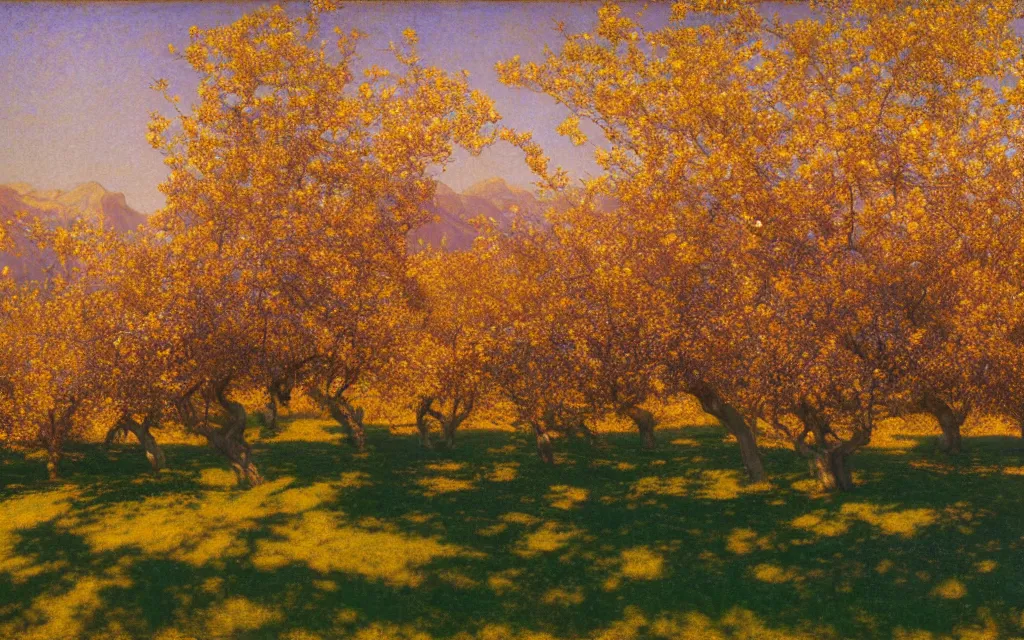 Prompt: a beautiful orchard in full bloom, golden hour, by lovell birge harrison and nicholas roerich and maxfield parrish and jean deville and annie swynnerton, dramatic lighting, distant mountains