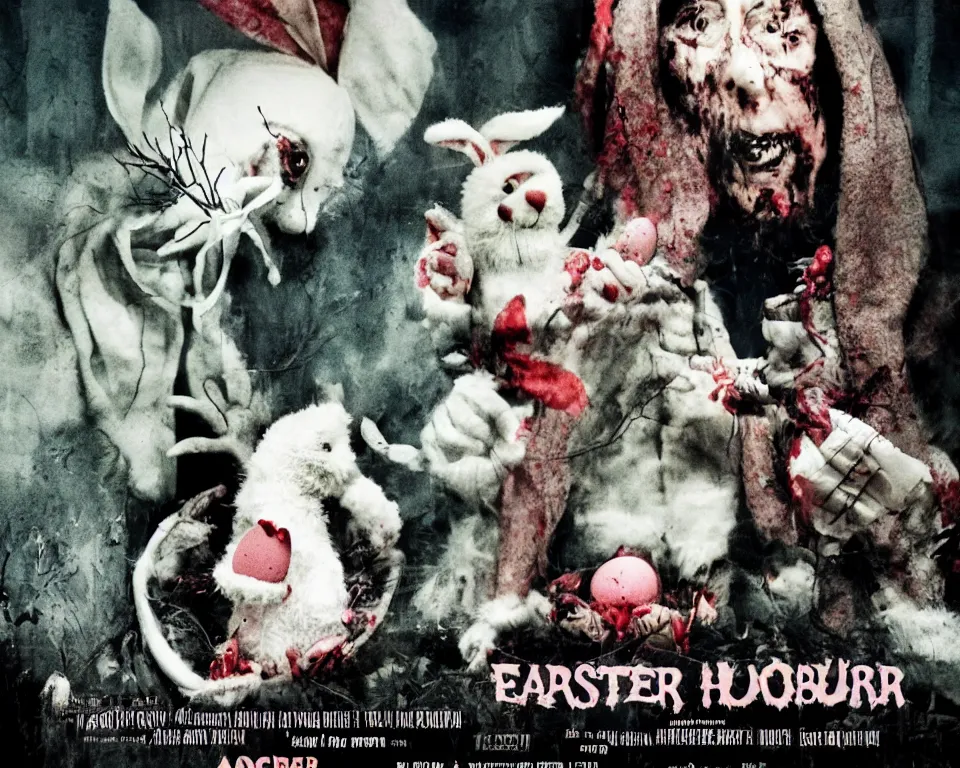 Image similar to a horror movie poster featuring the easter bunny