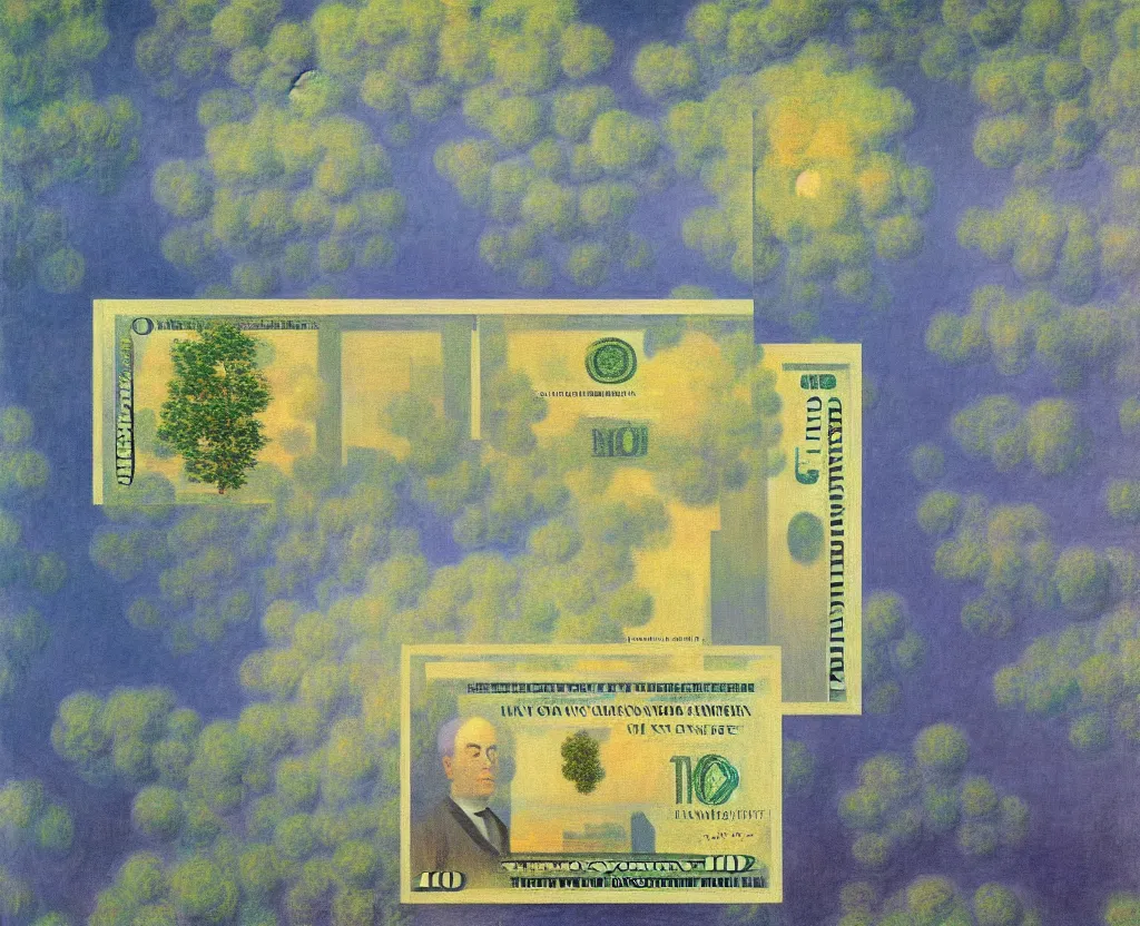 Prompt: achingly beautiful painting of a hundred dollar bill by rene magritte, monet, and turner. symmetry, flat.