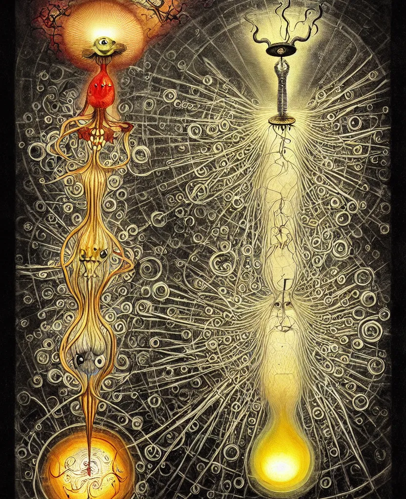 Image similar to whimsical freaky creature sings a unique canto about'as above so below'being ignited by the spirit of haeckel and robert fludd, breakthrough is iminent, glory be to the magic within, painted by ronny khalil