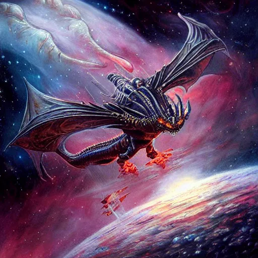 Image similar to an alien dragon flying in outer space, epic nebula, Dan Seagrave art