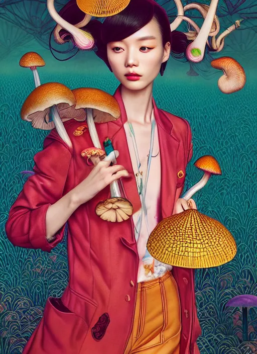 Image similar to pretty chinese model with hallucination mushroom : : by martine johanna and simon stalenhag and chie yoshii and casey weldon and wlop : : ornate, dynamic, particulate, rich colors, intricate, elegant, highly detailed, centered, vogue, fashion magazine, smooth, sharp focus, octane render, 8 k