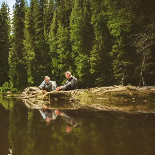 Image similar to two men sitting on a small damn on a river with a tree in the middle with a forest in the background