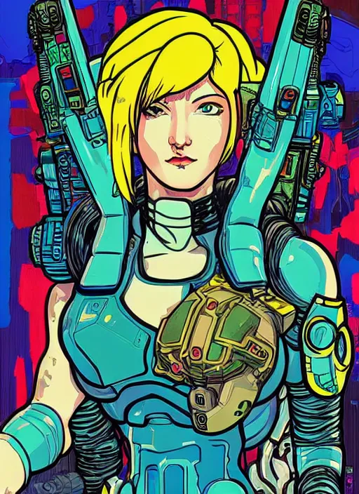 Image similar to cyberpunk samus!! cyborg portrait illustration, pop art, splash painting, art by geof darrow, ashley wood, alphonse mucha, makoto shinkai