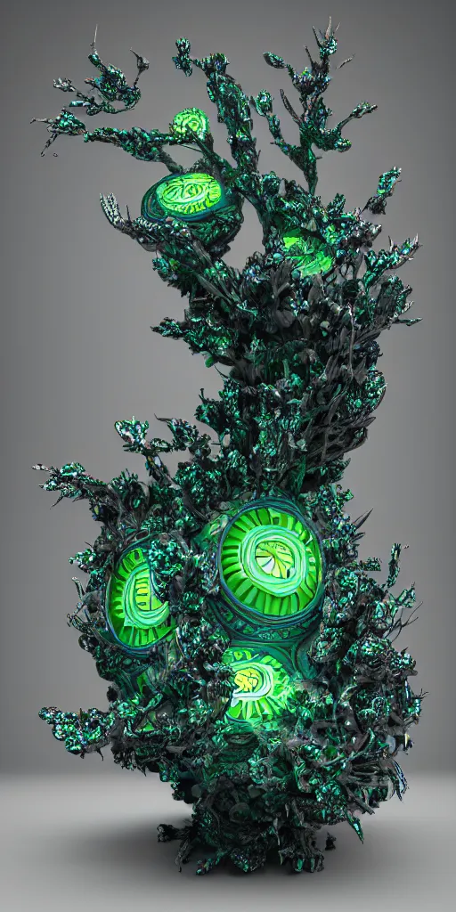 Prompt: 3 d photographic render of asymmetric mandelbulb sculpture, bioluminescent chrometype, made of liquid metal, neotribal with thorns and green thunders, cyberpunk, raytracing, hyper realistic, volumetric lightning, 8 k, by zhelong xu and ouchh studio