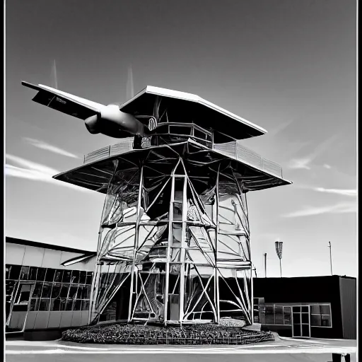 Prompt: aircraft control tower looking out to an airport, black and white, comic book style, insanely detailed, very intricate, high contrast