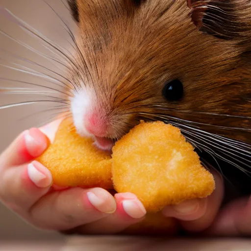 Image similar to a hamster eating a chicken nugget, close up, dslr photo