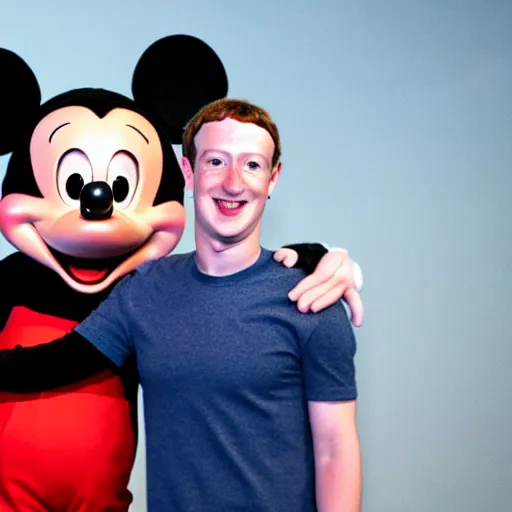 Image similar to Mark Zuckerberg happy to meet Mickey Mouse