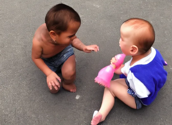 Image similar to a demon baby and an angel baby playing together after school