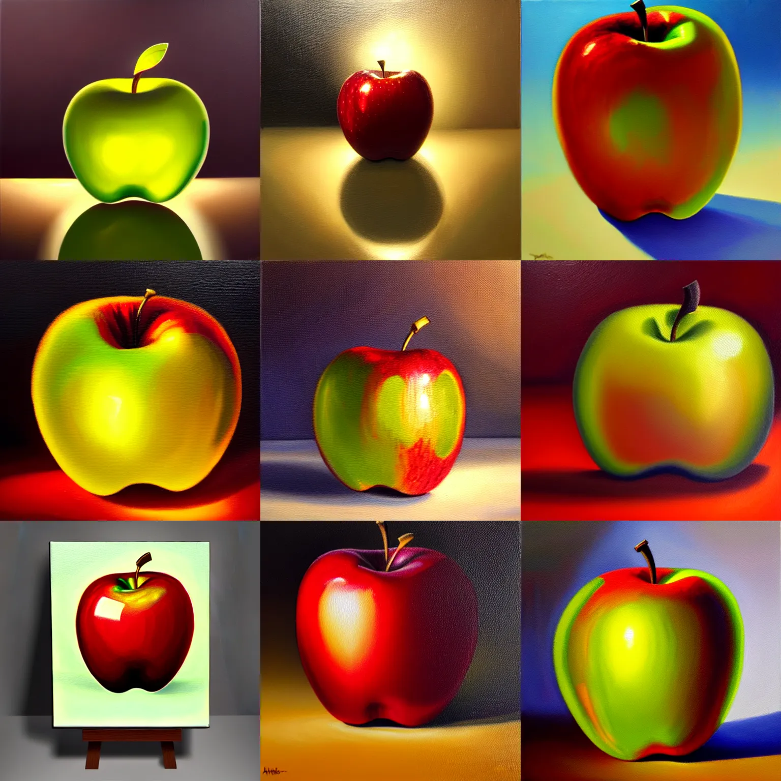 Prompt: Detailed oil painting of a transparent apple made of colored glass with light shining through, trending on Artstation