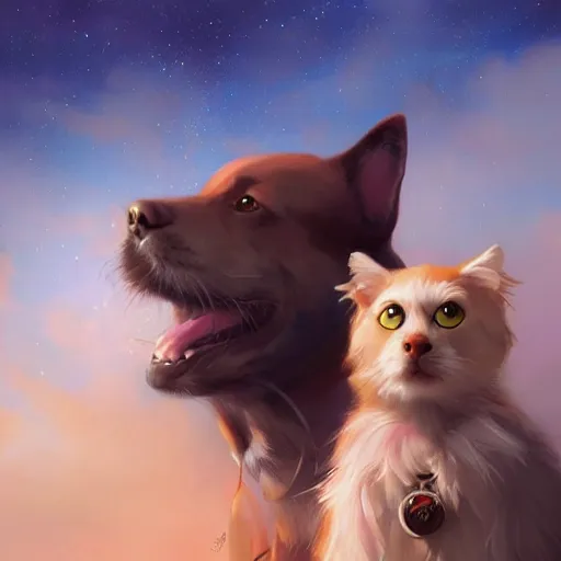 Image similar to A dog and cat stare intently towards the sky, digital art, artstation, Mandy Jurgens, CGSociety, WLOP