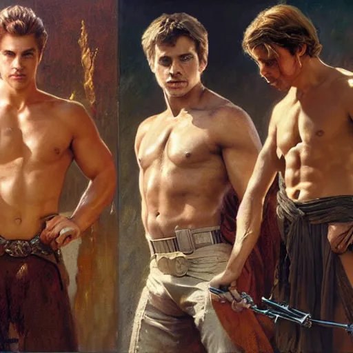 Image similar to 2 muscular attractive men, mark hamill, hayden christensen, star wars, painting by gaston bussiere, craig mullins, greg rutkowski, alphonse mucha