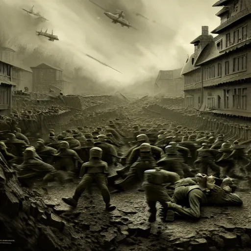 Prompt: the WW2 in roblox, photo from 1940s, very detailed, fantasy, dramatic, intricate, elegant, highly detailed, digital painting, artstation, concept art, smooth, sharp focus, illustration, art by Gustave Dore, octane render