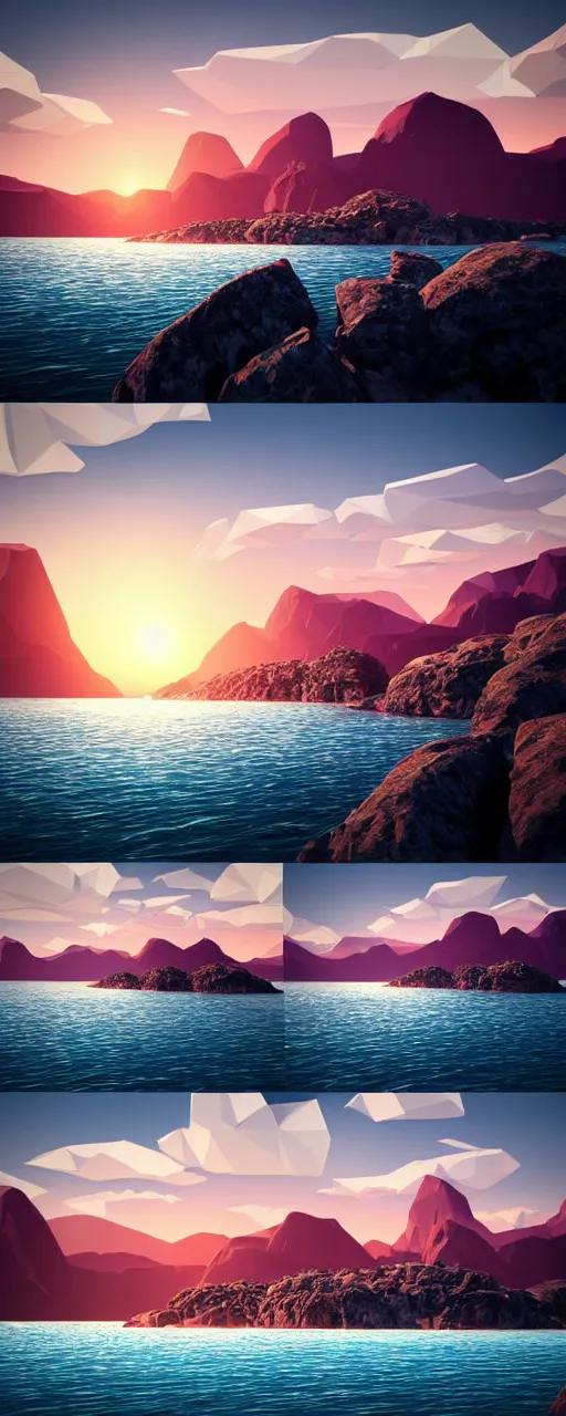 Image similar to super detailed color lowpoly art, northern sunset with rocks on front, monochrome photorealistic bay in the middle of perspective and mountains at background, big graphic ship in random point of bay, unreal engine, high contrast color palette, 3 d render, lowpoly, colorful, digital art, perspective