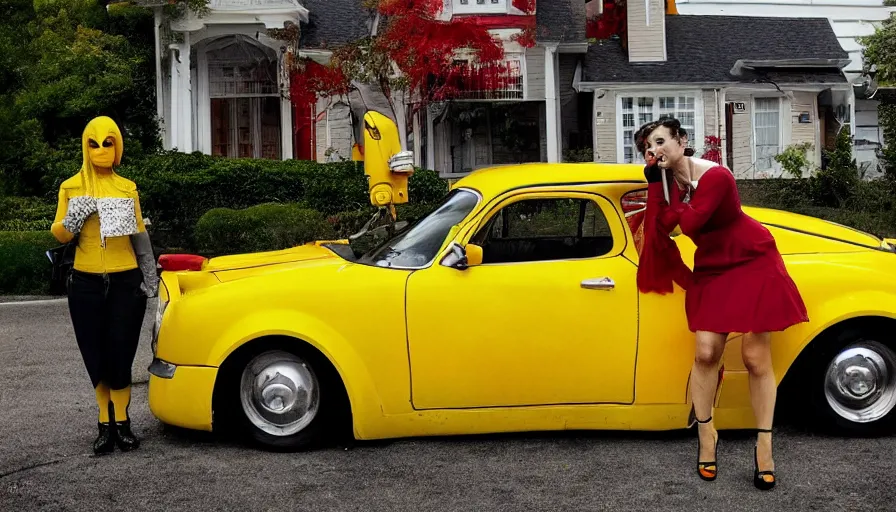 Prompt: a picture of a yellow-car parked next to a red-hydrant with a STYLISH! woman leaning against the car, BEUTIFUL!, surreal, in style of TOM BAGSHAW, painted by Norman Rockwell and Tom Lovell and Frank Schoonover