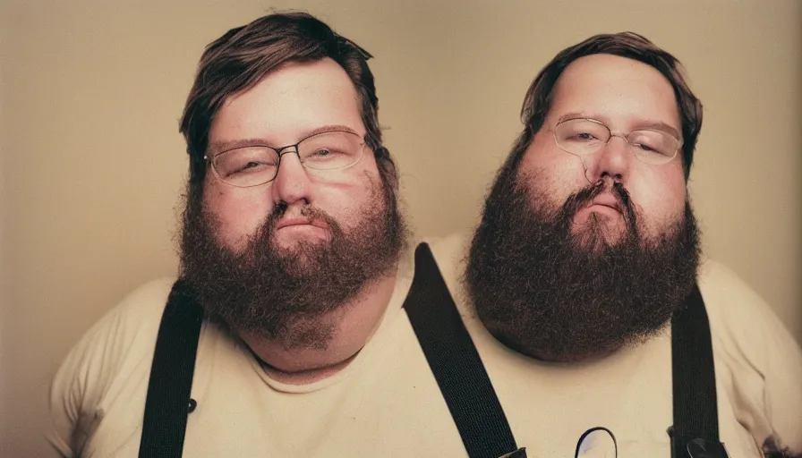 Image similar to far view, extremely fat obese mitch mcconnell with long beard, wearing dirty overalls, dirty greasy face, grin, portrait, close up, kodak gold 2 0 0, 5 0 mm,